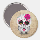 Leuke Roze Dag van de Dode Suiker Schedel Uil Ruw Magneet (Voorkant / Achterkant)