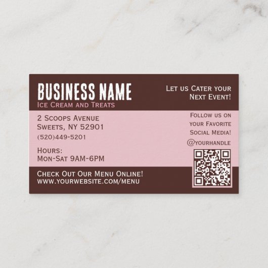 Leuke roze en bruine QR Code Ice Cream Visitekaartje (Achterkant)