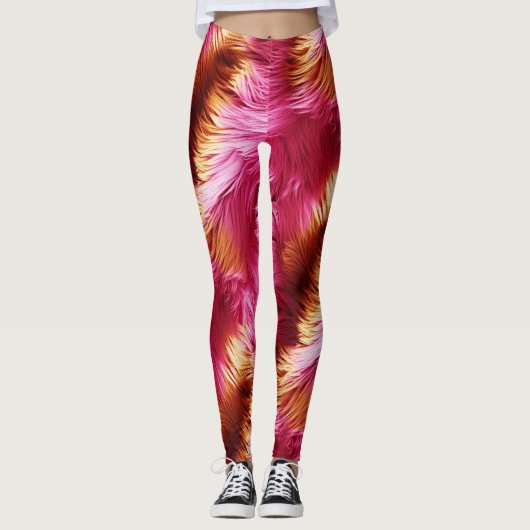 Leuke roze en oranje namaak monster bont textuur leggings (Voorkant)