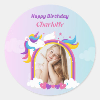 Leuke roze en paarse eenhoorn aangepaste foto verj ronde sticker