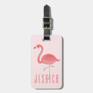 Leuke roze flamingo en strepen bagagelabel