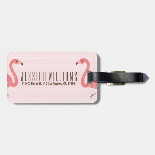 Leuke roze flamingo en strepen bagagelabel (Achterkant horizontaal)