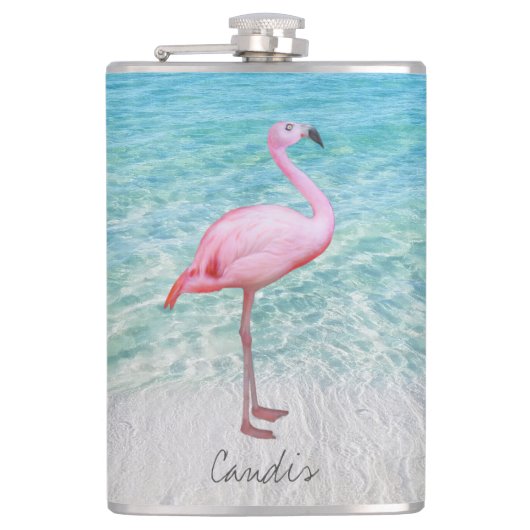 Leuke roze flamingo tropische zandstrand leuke naa heupfles (Voorkant)