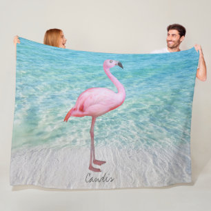 Leuke roze flamingo tropische zandstrand naam fleece deken