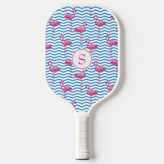 Leuke Roze Flamingo's Blauw & Wit Chevron Patroon Pickleball Paddle (Voorkant)