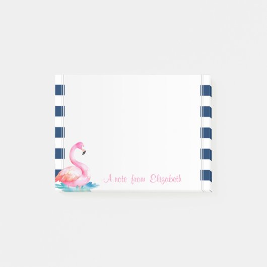 Leuke roze flamingo's, marineblauwe strepen post-it® notes (Voorkant)