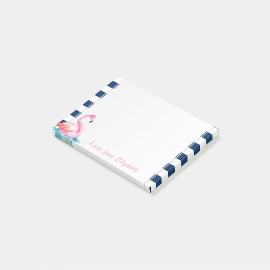 Leuke roze flamingo's, marineblauwe strepen post-it® notes (Schuin)