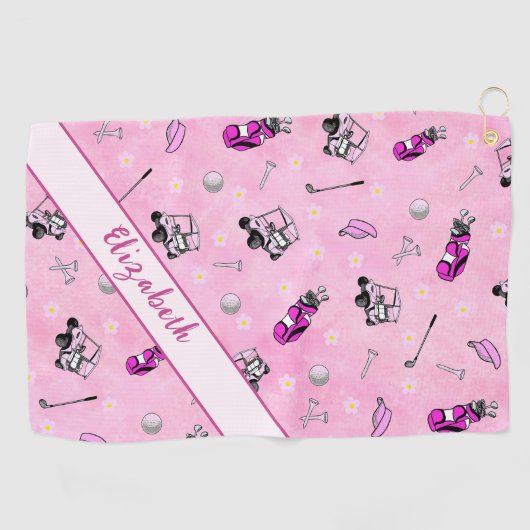 Leuke roze golfkar en uitrusting gepersonaliseerde golfhanddoek (Horizontaal)