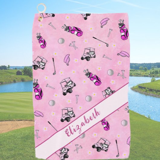 Leuke roze golfkar en uitrusting gepersonaliseerde golfhanddoek
