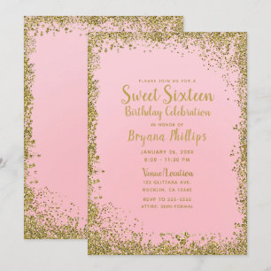 Leuke Roze & Gouden Glitterrand Sweet 16 Feestje Kaart
