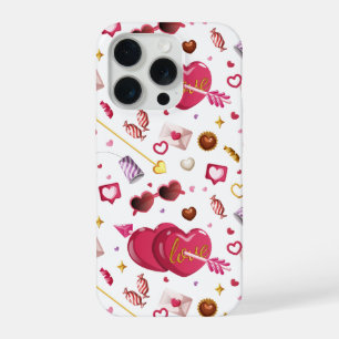 Leuke Roze Hart & Valentijn Snoepjes Patroon iPhone 15 Pro Hoesje