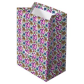 Leuke roze harten en Oranje blauwe bloemen Medium Cadeauzakje