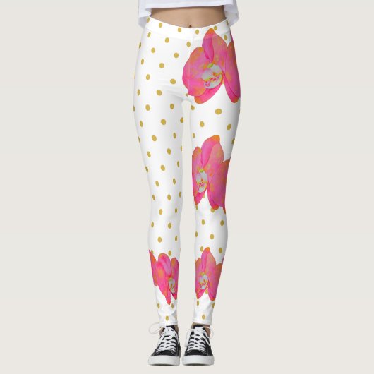 Leuke Roze Orchidee waterverf, gouden polkaDots Leggings (Voorkant)