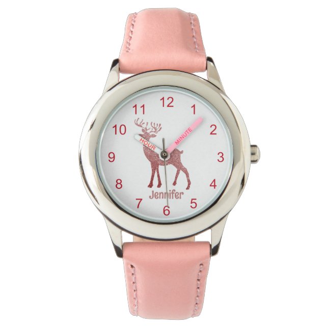 Leuke Roze Rendier Kerstmis Gepersonaliseerde Meis Horloge (Voorkant)