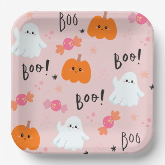 Leuke roze spook en pompoen Halloween papier Borde Papieren Bordje
