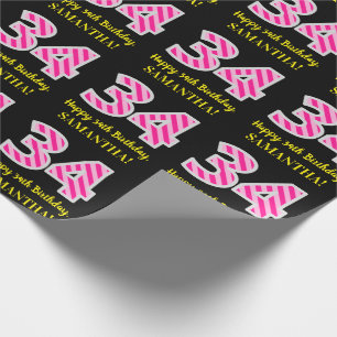 Leuke roze strepen "34"; Gelukkige 34e verjaardag; Cadeaupapier