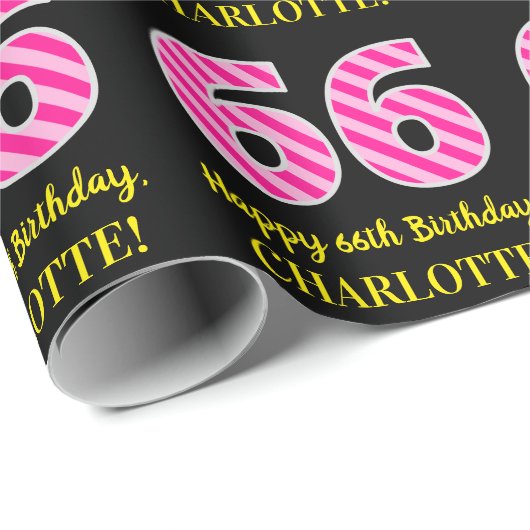 Leuke roze strepen "66"; Gelukkige 66e verjaardag; Cadeaupapier (Rol Hoek)