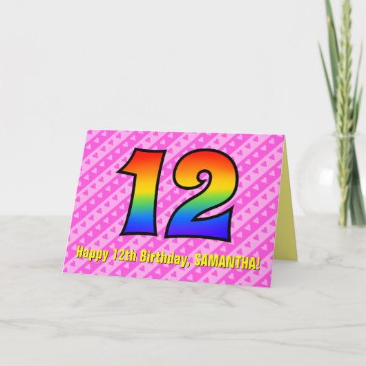 Leuke roze strepen, harten, regenboog # 12e verjaa kaart (Voorkant)
