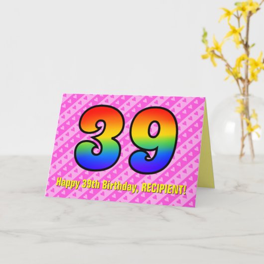 Leuke roze strepen, harten, regenboog # 39e verjaa kaart (Gele Bloem)
