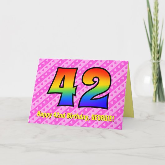 Leuke roze strepen, harten, regenboog # 42e verjaa kaart (Voorkant)