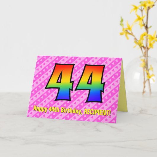 Leuke roze strepen, harten, regenboog # 44e verjaa kaart (Gele Bloem)
