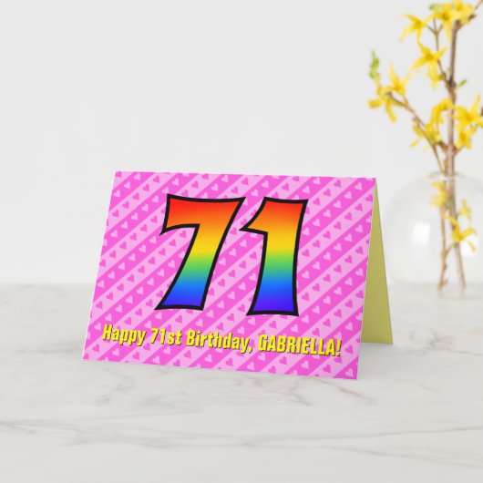 Leuke roze strepen, harten, regenboog # 71ste verj kaart (Gele Bloem)