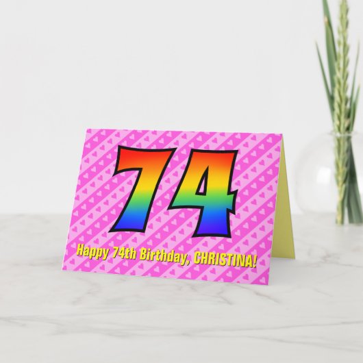 Leuke roze strepen, harten, regenboog # 74e verjaa kaart (Voorkant)