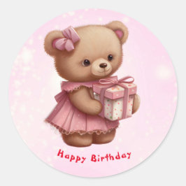 Leuke roze teddybeer verjaardag gepersonaliseerd ronde sticker