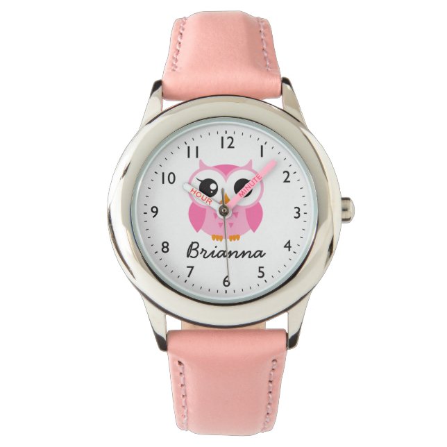 Leuke roze uil gepersonaliseerde naam horloge (Voorkant)
