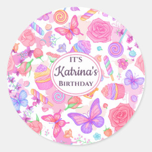 Leuke roze vlinder, cupcake, Snoep Ronde Sticker