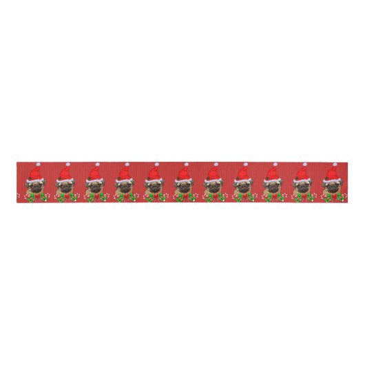Leuke Santa Pug Kerstmis Vrolijk Grosgrain Lint (Voorkant)