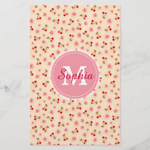Leuke schattige girly monogramkersen en bloemen briefpapier