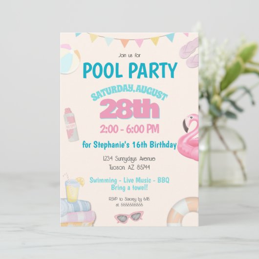 Leuke Schattigee Summer Pool Verjaardagsfeestje Ui Kaart (Staand voorkant)