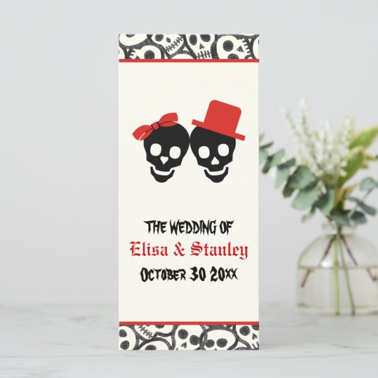 Leuke schedels Halloween rode bruiloft programma (Staand voorkant)