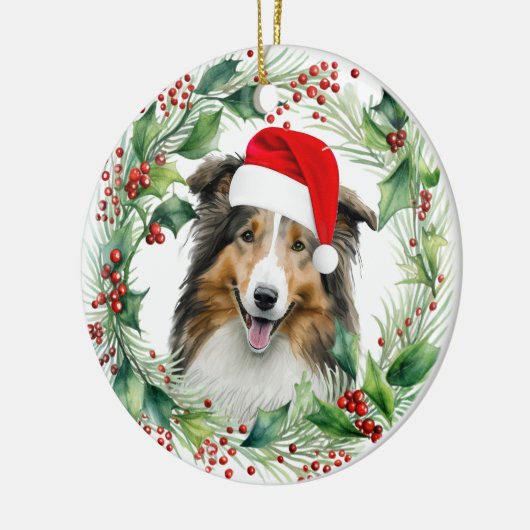 Leuke Shetland Sheepdog Holly Krans Kerstmis Keramisch Ornament (Links)