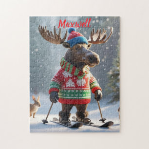 Leuke Skiing Moose Kerstmis gepersonaliseerde puzz Legpuzzel