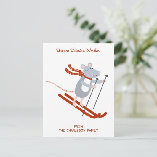 Leuke skimuis gepersonaliseerd feestdagenkaart (Staand voorkant)