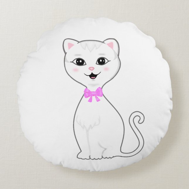 Leuke Smart White Cat Cartoon Rond Kussen (Voorkant)