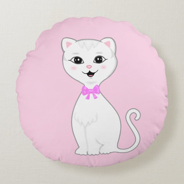 Leuke Smart White Cat Cartoon Rond Kussen (Voorkant)