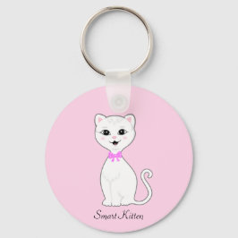 Leuke Smart White Kitten Cartoon op Lichtroze Sleutelhanger