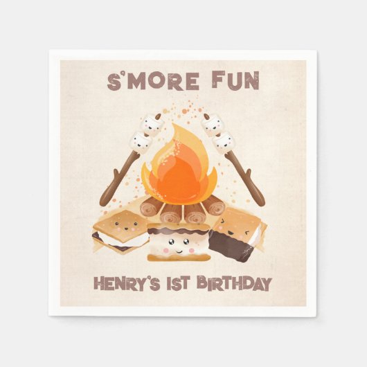 Leuke S'more Campfire 1e Verjaardag Papieren serve Servet (Voorkant)