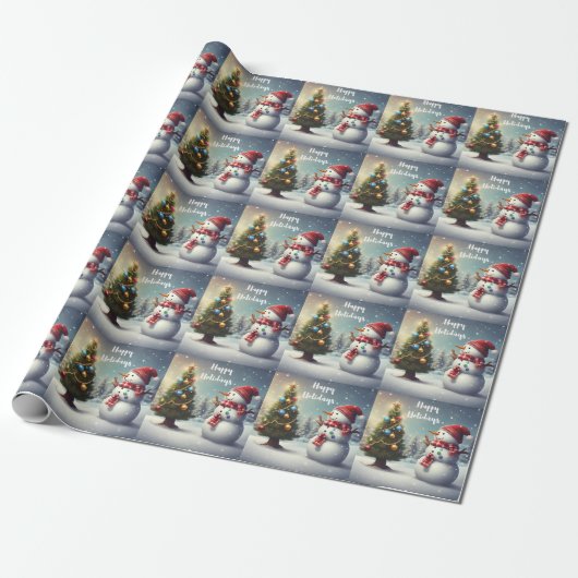 Leuke sneeuwman en kerstboom cadeaupapier (Uitgerold)