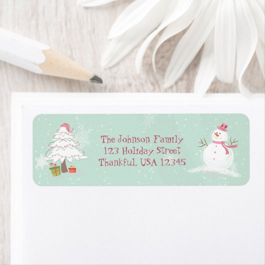 Leuke sneeuwman en kerstboom etiket (Insitu)