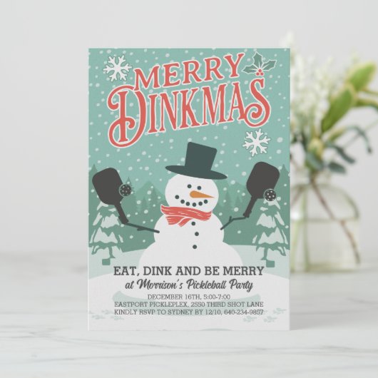 Leuke Sneeuwman Pickleball Kerstfeest uitnodiging (Staand voorkant)