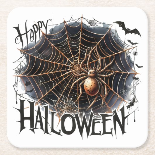 Leuke Spooky Spider Web Halloween Paper Onderzette Vierkante Kartonnen Onderzetter (Voorkant)