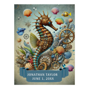 LEUKE STOOMPUNK ZEEPAARD MET NAAM Kinderverjaardag Perfect Poster