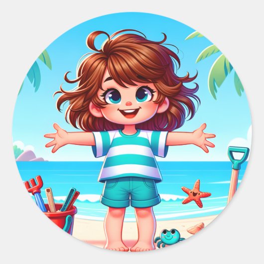 Leuke strand kind scene ronde sticker (Voorkant)