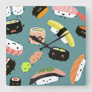 Leuke Sushi Karakters op Teal (Aanpasbaar) Vierkante Klok
