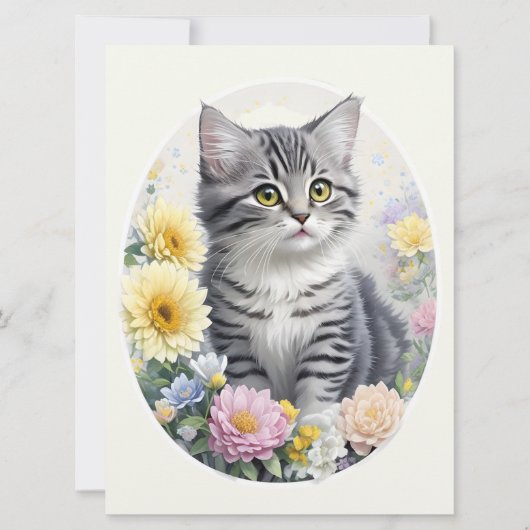 Leuke Tabby Kitten en Tuinbloemen Kaart (Voorkant)