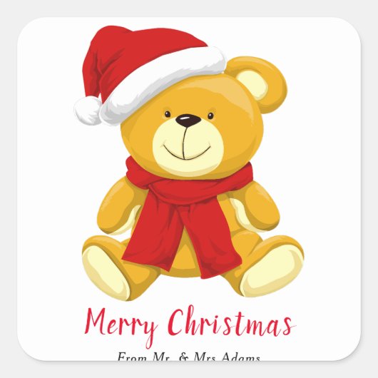 Leuke Teddy Bear Vrolijk Kerstfeest Vierkante Sticker (Voorkant)